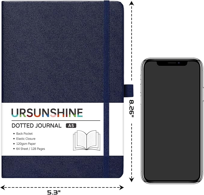 Dotted Journal/Notebook - Dot Grid Hard Cover Notebook, Premium Thick Paper with Fine Inner Pocket, Black Smooth Faux Leather, Pen Loop, 5.3'' x 8.26'' - Dark Blue