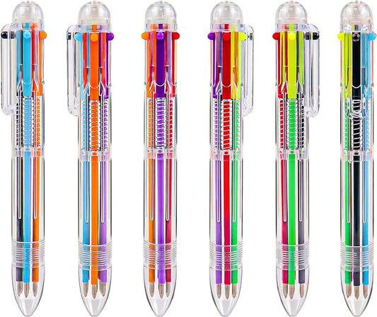 IHPUKIDI 6 Pack 0.5mm 6-in-1 Multicolor Ballpoint Pen, 6 Color Transparent Barrel Retractable Ballpoint Pens for Office School Supplies Students Gift