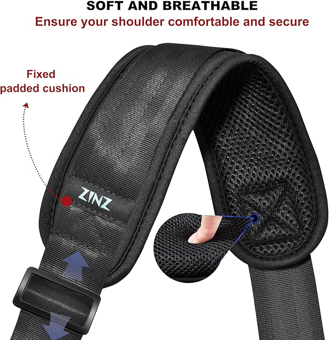 ZINZ 75" Shoulder Strap with Fixed Pad and Dual Balanced Buckles，Black