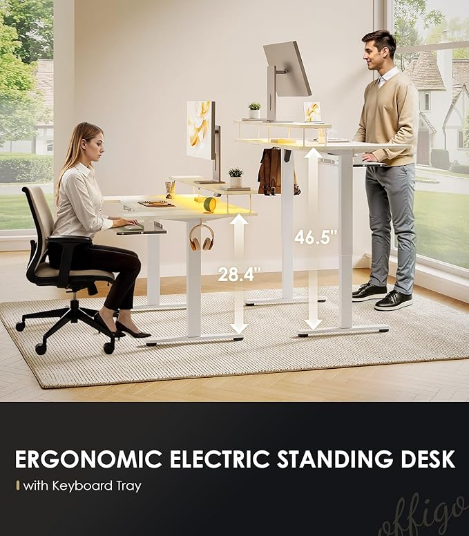 U Shaped Electric Standing Desk with Keyboard Tray, 55 Inch Height Adjustable Desk with Power Outlets & LED Lights, Sit Stand Table with Monitor Stand for Home, Office, White