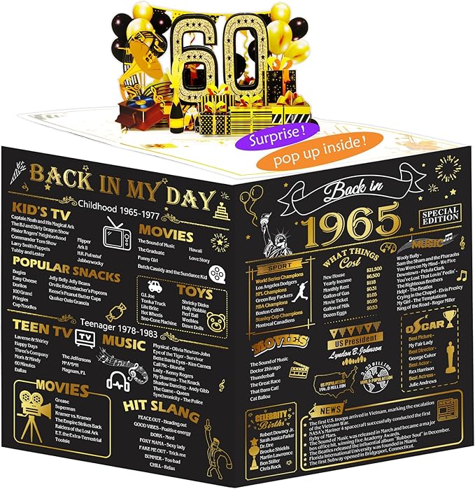 60th Birthday Card for Men Women, 3D Pop Up 60th Birthday Gifts Cards for Him Her, Back In 1965 Funny 60 Year Old Birthday Decorations