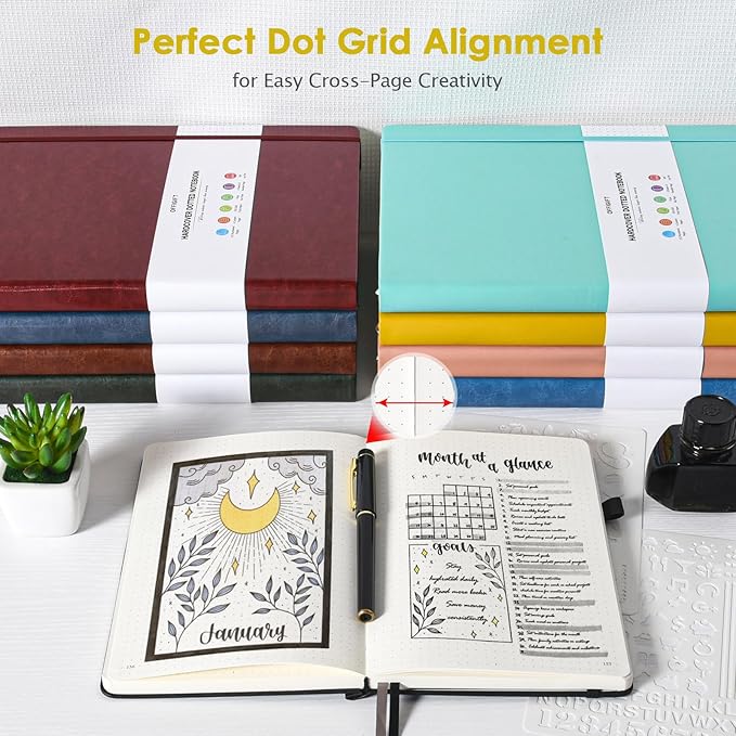 Bullet Dotted Journal Notebook, 312 Numbered Pages A5 Hardcover Leather Journal, 100gsm No Bleed Paper Dot Grid Notebook with Index Pages, Dot Journal for Women Men, 5.75" x 8.38", Yellow