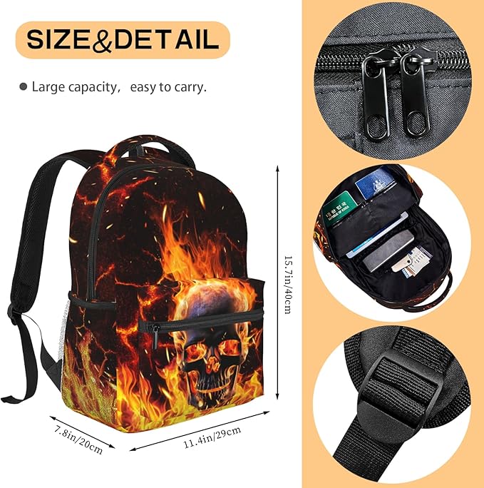 Flaming Skeleton Laptop Book Bag Daily Backpack Large Capacity Universal Waterproof Fire Skull Bags With Adjustable Straps Lightweight Breathable Leisure Travel Camping Backpack 15x11in