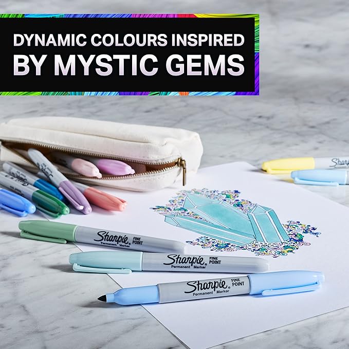 Sharpie Permanent Marker Pens Gift Set | Unicorn Money Box & Marker Pens | Fine Point | Assorted Mystic Gem Colours | 16 Count | Unicorn Gifts for Girls & Boys