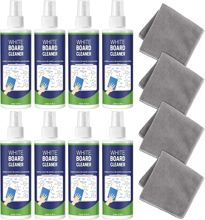 8 Pack Whiteboard Cleaner Spray 8.5oz - Dry Erase Board Cleaner with 4 Cloths, Non-Toxic, Removes Stubborn Marks