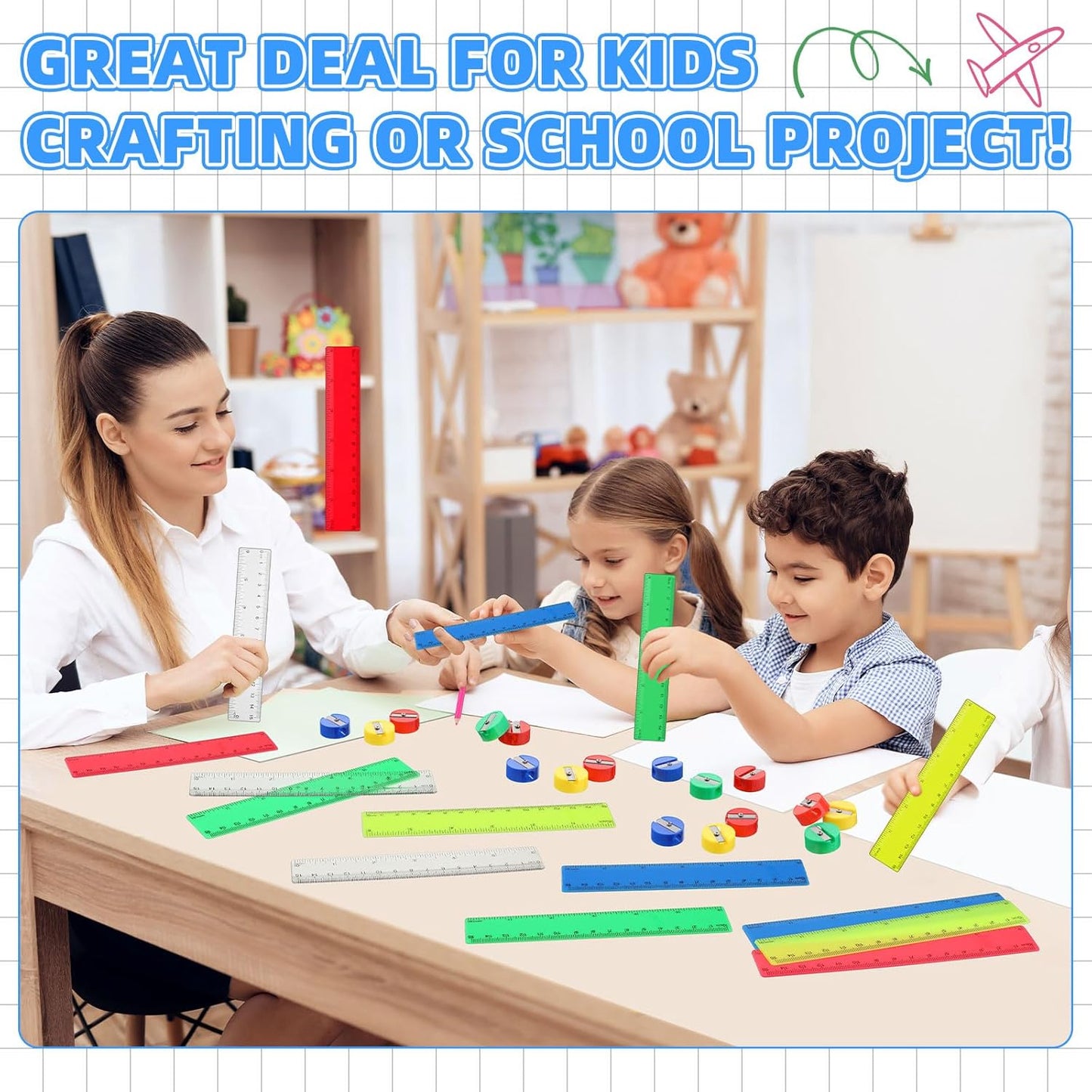 100 Pcs Plastic Rulers and 100 Pcs Mini Round Manual Pencil Sharpener Bulk, 4 Assorted Colors Pocket Sized Pencil Sharpeners Colorful Straight Ruler Back to School Supplies for Kids (Classic,6 Inch)