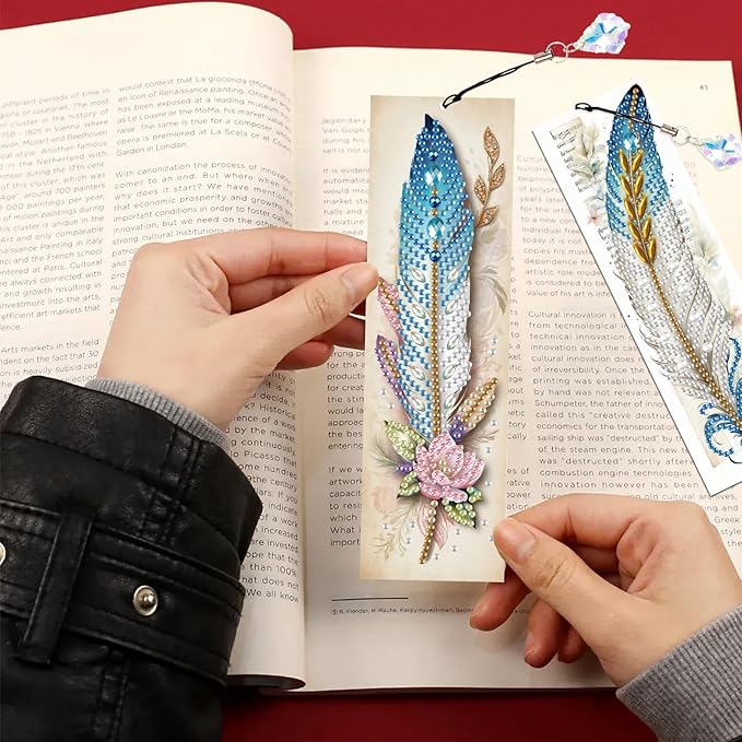 4-Piece 5D Diamond Painting Bookmarks Set, DIY Craft Kit with Rhinestones – Elegant Vintage Style Feather Design, Perfect for Book Lovers Adults, Unique Diamond Art Craft Bookmarks with Tassels