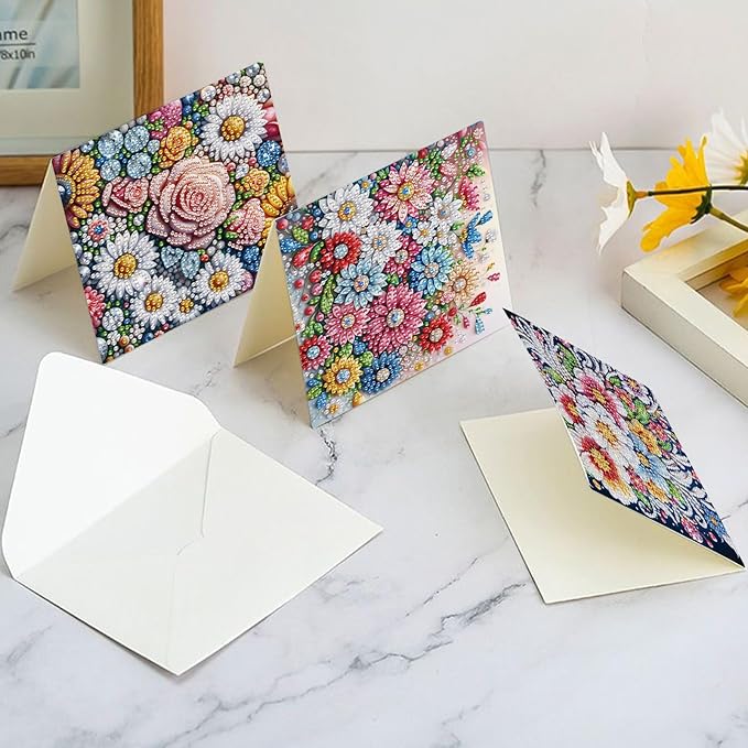 6 pcs Diamond Art Painting Greeting Card Kits - Beautiful Floral Design with Fine Glitter, 5D DIY Creative Special Shaped Diamonds Greeting Cards for Birthday Holiday Congratulations Crafts Gifts