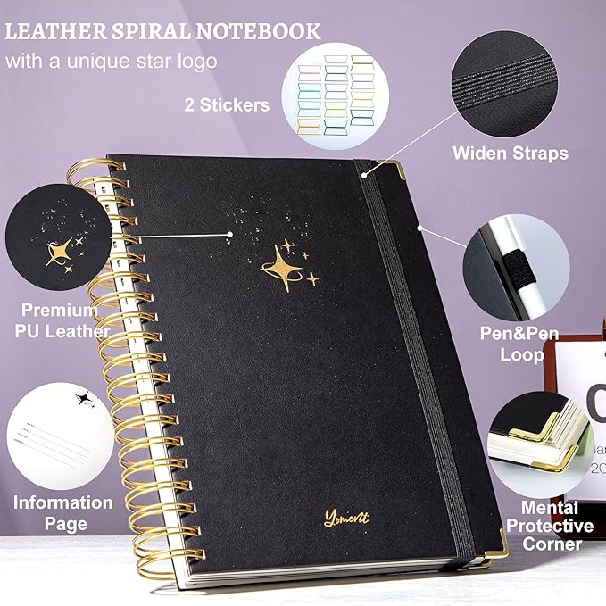 Yoment Leather Spiral Notebooks for Work 5 Subject Notebook College Ruled with Dividers 360 Pages B5 Hardcover Lined Journals for Women Men Writing B5 Size, Black