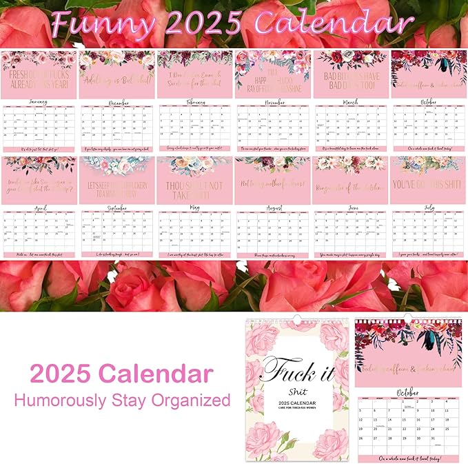 2025 Fu-ck It Calendar for Tired-Ass Tired Women, 12 Months Wall Hanging Calendar for Home Office, Funny Swear Gag White Elephant Gift for Women