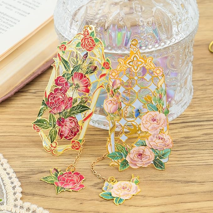 Aromoty 4 Pieces Metal Bookmarks with Pendant, Unique Cute Flower Butterfly Garden Themd Aesthetic Hollow Book Markers, Christmas Gifts for Women Reading Girls Teacher Readers Book Lover Accessories