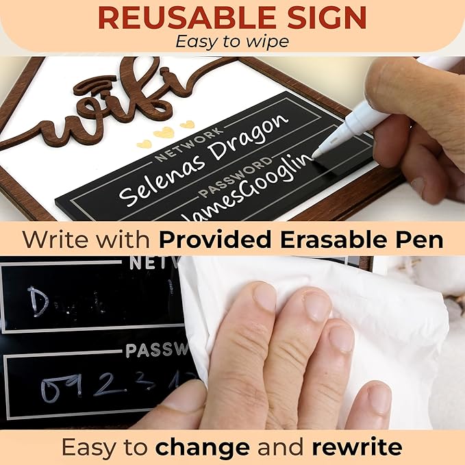 Wifi Sign For Guests - Wood Wifi Password Sign for Home Business, Wifi Board Sign Guest Bedroom Essentials, Guest Room Decor Wooden Wifi Name Sign with Erasable Pen