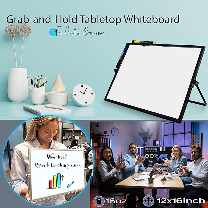 Dry Erase White Board Black Frame for Desk & Wall,12"X16" Large Magnetic Desktop Whiteboard with Stand, 8 Markers, 4 Magnets,1 Eraser, Double-Sided Portable Easel for Office, Students Memo to Do List