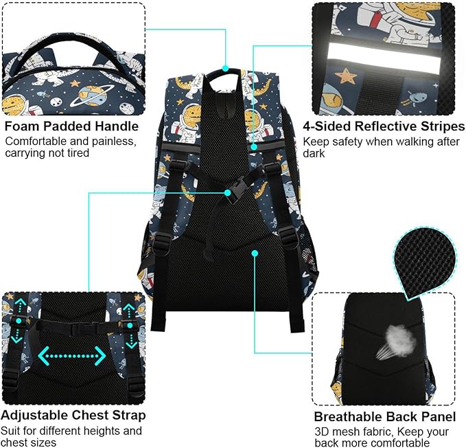 MNSRUU Laptop Backpack with Chest Strap, Astronaut Dinosaur School Backpack, Travel Hiking Backpack for Boys Girls Teen Adult, Rucksack, Knapsack