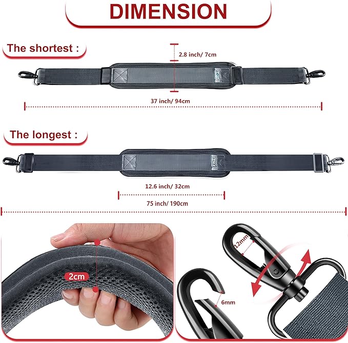 ZINZ 75" Shoulder Strap with Fixed Pad and Dual Balanced Buckles，Dark Gray