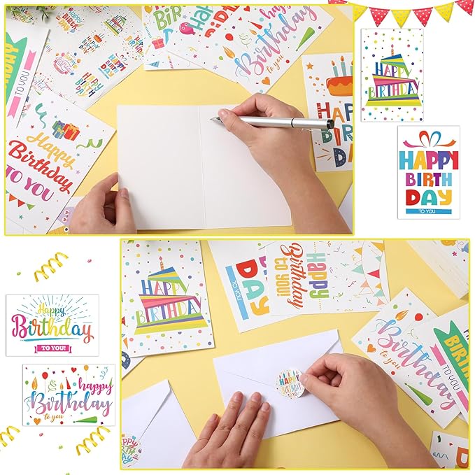 Harloon 200 Pack Happy Birthday Card Assorted Bulk with Blank Envelopes and Stickers 4 x 6 Inches Greeting Blank Happy Birthday Cards for Men Women Adults Kids, 20 Styles(Colorful Words)