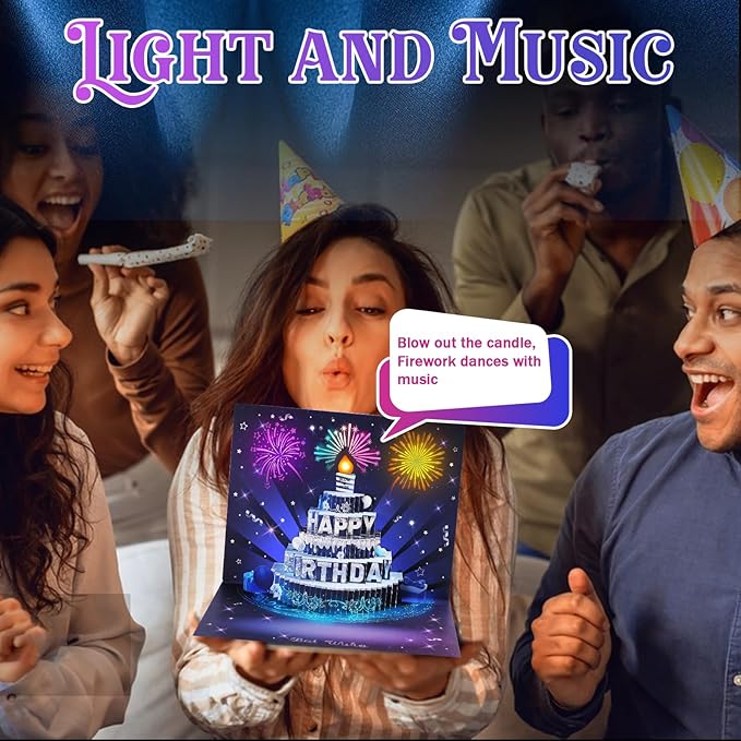 Musical Birthday Cards, 3D Pop Up Card with Music and Light, Firework Greeting Card with Interactive Blowable Candle, Birthday Gift for Her Him Mom Grandma Wife Husband (Blue and Silver)