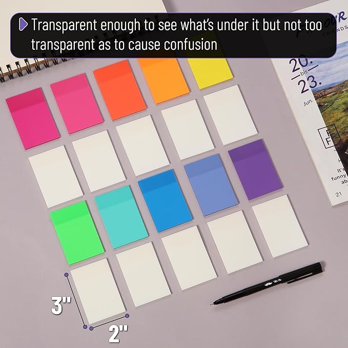 Mr. Pen- Transparent Sticky Notes, 3”x2”, 20 Pads, 1000Sheets, Colorful & Clear See Through Sticky Notes, Bulk Sticky Notes Transparent, Translucent Sticky Notes, Clear Transparent Sticky Notes Clear