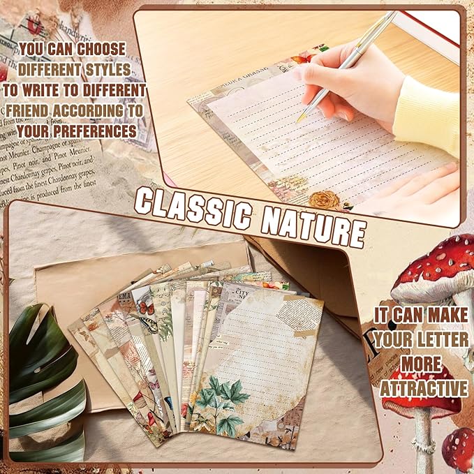 TaoBary 160 Packs Stationery Paper Set (50 Double Sided Stationery Writing Papers 50 Matching Envelopes) 60 Round Dot Sticker, 10 Design(5.5 x 8.25 Inch,Nature Vintage Style)