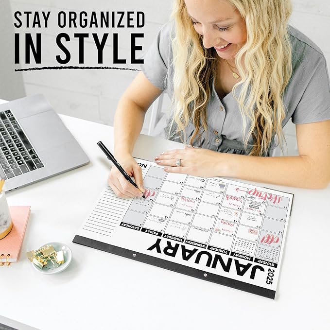 Hadley Designs Large Desk Calendar 2025-2026 - 18-Month Desktop Calendar 2025 for Organized Planning, 17" x 11" 2025 Desk Calendar for Home, School and Office (Black & White)