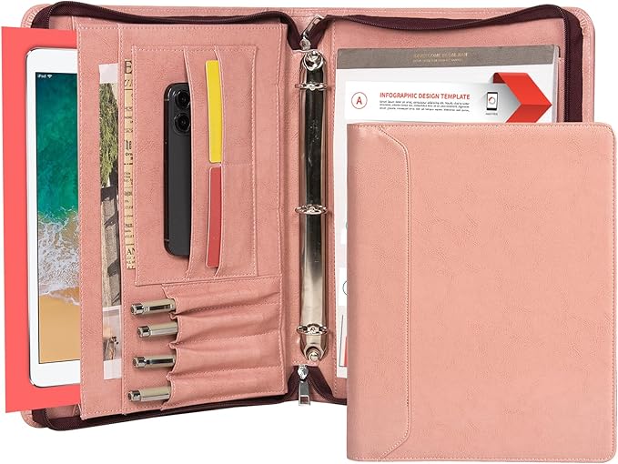 AZXCG Portfolio for Women, 3 Ring Binder Padfolio, Vegan Leather Office Binders Portfolio, Zippered Business Binder Folio Organizer, A4 Legal Pads Clipboard Padfolio, Gift for Women/Girls, Pink