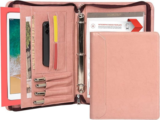 AZXCG Portfolio for Women, 3 Ring Binder Padfolio, Vegan Leather Office Binders Portfolio, Zippered Business Binder Folio Organizer, A4 Legal Pads Clipboard Padfolio, Gift for Women/Girls, Pink