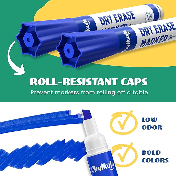 Chalkola Dry Erase Markers Bulk Pack of 60 Colors (15x Black, Red, Green Blue), White Board Markers Dry Erase Pens - Low odor Whiteboard Pens for Kids, Home, Office & Back to School Supplies