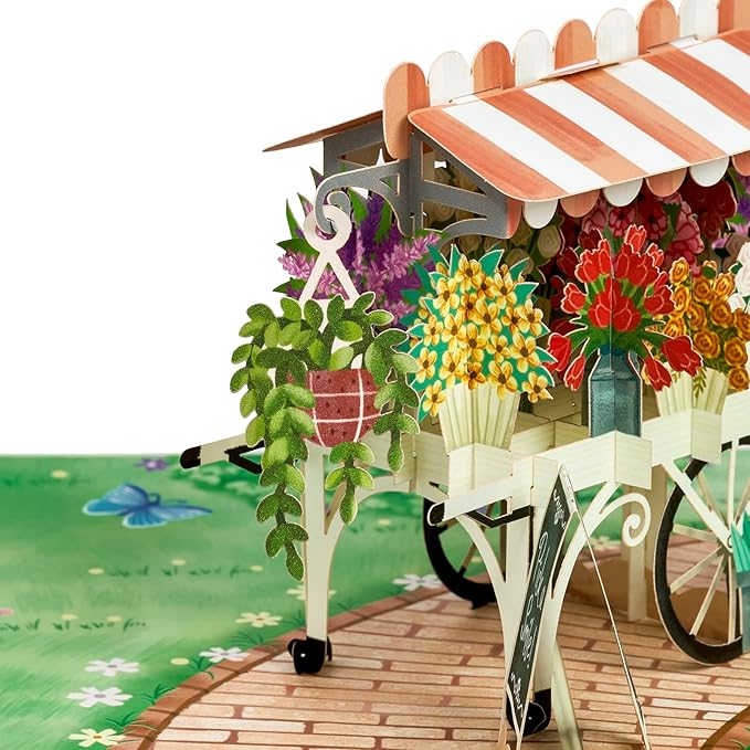 Flowers Cart Pop Up Card, Cat Catching Butterfly, 3D Greeting Card, Gifts for Birthday, Mothers Day, Valentines Day, Mom, Wife, Girlfriend, Sister, 5x7 - Includes Envelope And Message Note