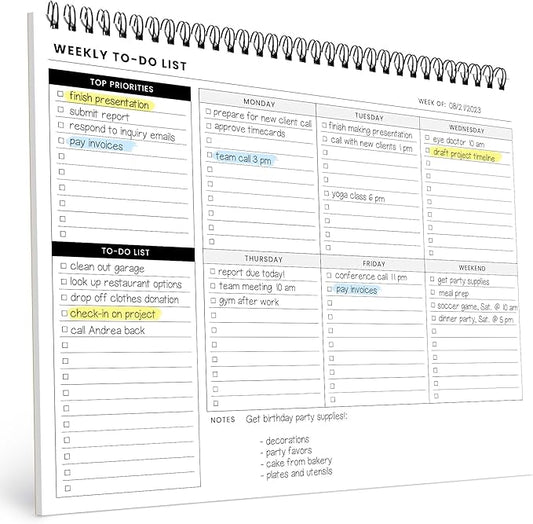 Weekly To Do List Spiral Planner Pad - 8.5x11" 52 Sheets - Desk Notepad with Multiple Sections - Undated Planning Notebook Checklist, Todo Agenda Plan