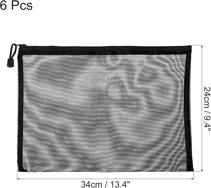 MECCANIXITY Mesh Zipper Bags, A4 Nylon Zip Pouch Pencil Case Storage Pockets for Travel Office Accessories, Black Pack of 6