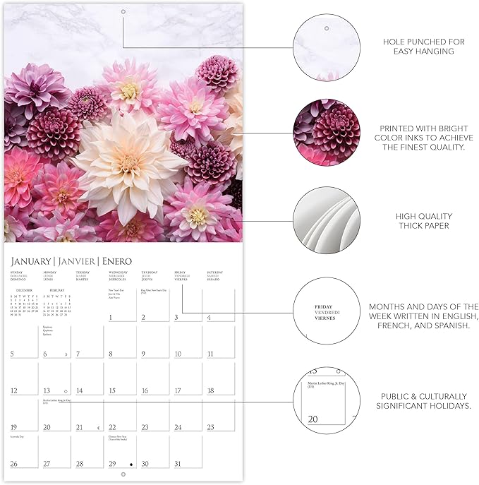Graphique 2025 Fleurs Wall Calendar | 12” x 12” | Thick Paper | Home & Office Organizer | Large Monthly Grid | 3 Languages & Marked Holidays | 4 Month Preview Page for 2026
