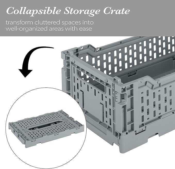 Simplify 4LT Collapsible Storage Crate | Small | Foldable | Stackable | Plastic Bin | Home Organization | Dorm | Office | Crafts | Shelf | Grey