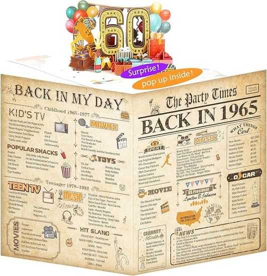 60th Birthday Card for Men Women, 3D Pop Up 60th Birthday Gifts Cards for Him Her, Back In 1965 Funny 60 Year Old Birthday Decorations, Classy Vintage