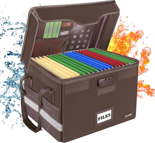 DocSafe File Box Fireproof Document Box with Lock, File Storage Organizer Box with Pockets,Collapsible Portable File Box Home Office File Cabinet with Handle for Hanging Letter/Legal Folder,Brown