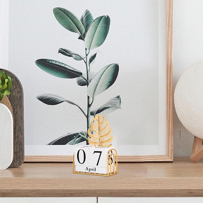 SUPVOX Wooden Block Calendar for Desk Daily Desktop Perpetual Calendar Wood Month Date Display Blocks Farmhouse Desk Accessories for Home Office Decor Reusable Yearly Monstera Leaf Design