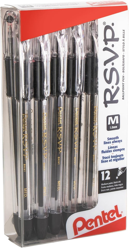 Pentel(R) R.S.V.P.(R) Ballpoint Pens, 1.0 mm, Medium Point, Clear Barrel, Black Ink, Pack Of 12, BK91-A