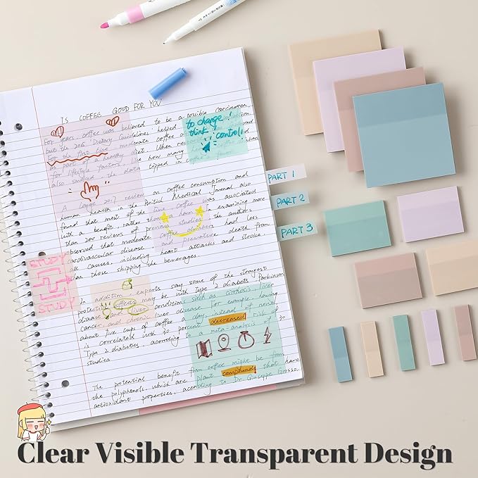 [650 Sheets] Transparent, 3 Sizes Clear Sticky Notes Pads, Pastel Color Waterproof Self-Adhesive Translucent See Through Sticky Notes for Annotating Books,School & Office
