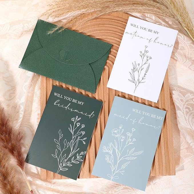 Spakon 16 Pcs Will You Be My Bridesmaid Cards with Envelopes Watercolor Greenery Floral Bridal Proposal Maid of Honor Matron of Honor Invited Favor for Bridal Shower Wedding (Leaves, Flowers)