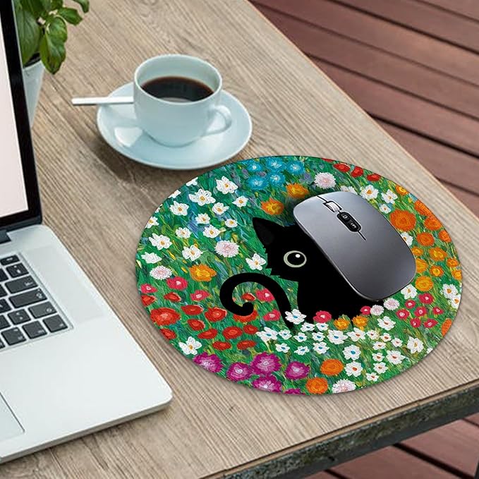 Gctriki Anime Black Cat Mouse Pad 8.6 x 8.6 Inch, Funny Round Mousepad for Gaming Laptop Computer, with Stitched Edge Non-Slip Rubber Base, Cute Cat Flower Home Office Decor Desk Accessories