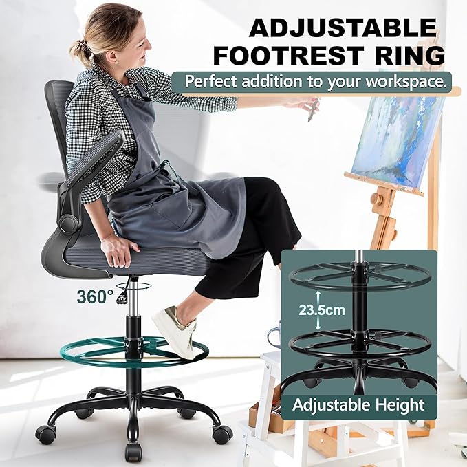 FelixKing Drafting Chair Ergonomic Tall Office Chair, Breathable Mesh Chair with Adjustable Footrest Ring Lumbar Support Flip-up Armrests, High Back Executive Comfy Task Computer Chair for Home Office