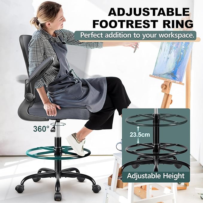 FelixKing Drafting Chair Ergonomic Tall Office Chair, Breathable Mesh Chair with Adjustable Footrest Ring Lumbar Support Flip-up Armrests, High Back Executive Comfy Task Computer Chair for Home Office