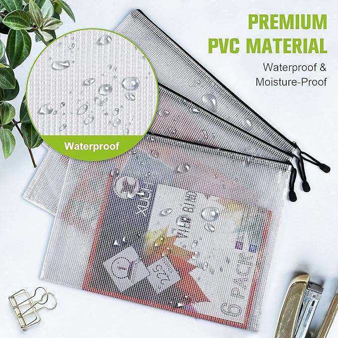 Mesh Zipper Pouch, 6PCS Waterproof Plastic Mesh ZipperBag, B4 Size Tear-Resistant Document Pouch, Extra Large Zip File Bags, for School Office Supplies Home Travel Storage(15.35×11.22 Inch)