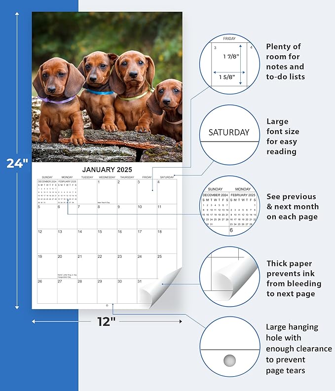 2025 Puppies Monthly Wall Calendar | 12" x 24" | Thick Sturdy Paper | Puppy Dog Calendar 2024-2025