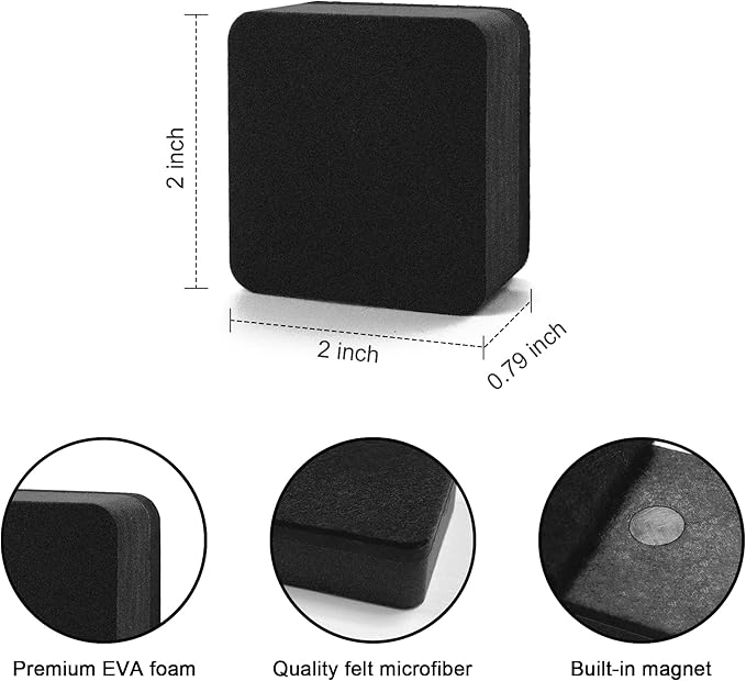 Dry Erase Erasers, IHPUKIDI 48 Pack Magnetic Whiteboard Dry Eraser Chalkboard Cleansers for Classroom, Home and Office (Black 2 x 2 Inch）