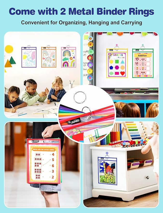 SUNEE 35 Packs Oversized Reusable Dry Erase Pocket Sleeves with 2 Rings, 10 Assorted Colors 10x14 Ticket Holders, Clear Plastic Sheet Protectors, Teacher School Classroom Supplies