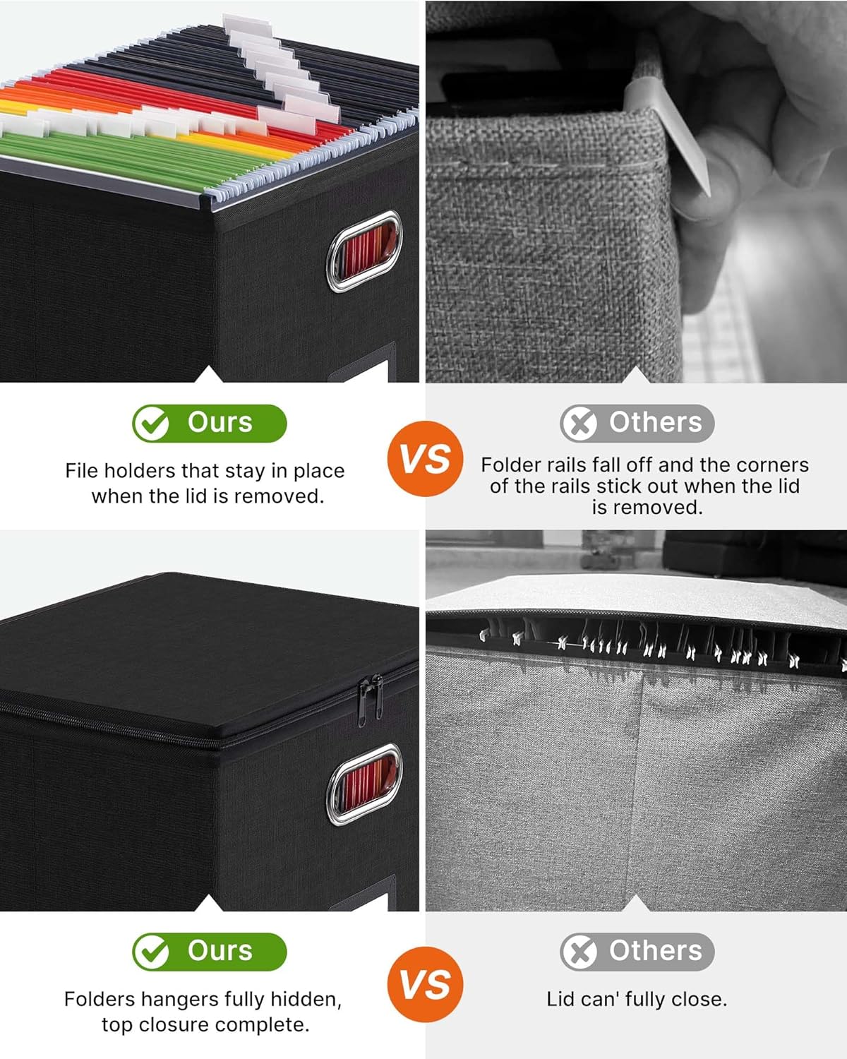 Oterri 2 Pack Large File Organizer Boxes with Lids, File Box with Mesh Pockets, Document Organizer Box for Letter/Legal Size Folders, Zippers Important Document Organizer (Black, Without Folders)