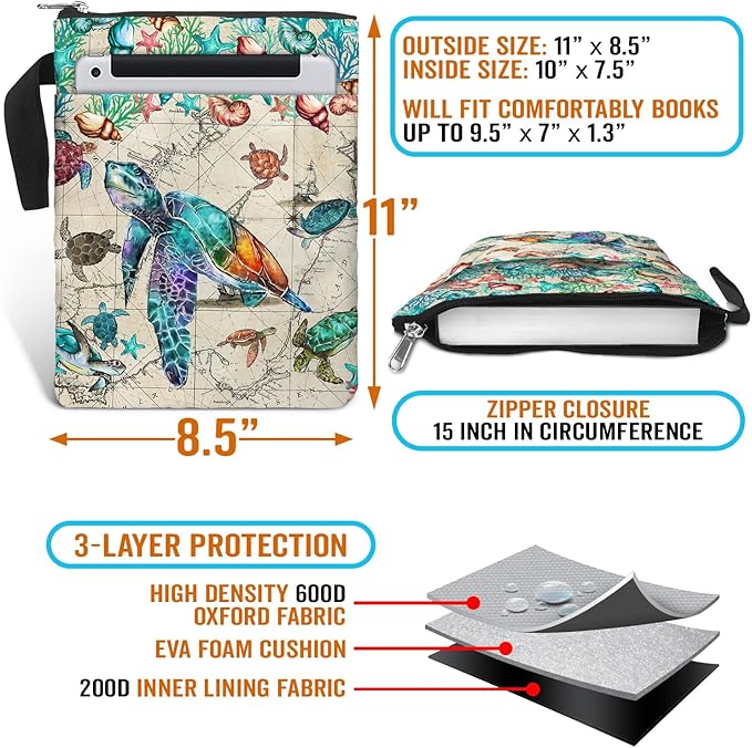 Vintage Map Book Cover Bag with Zipper and Front Pocket. Washable Fabric 11 X 8.5 Inch Book Sleeve Pouch for Paperbacks. Gift for Turtle and Book Lovers