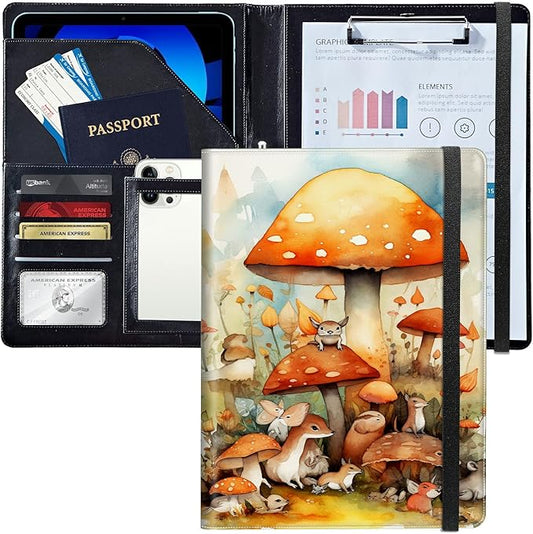 PU Leather Padfolio Folder Clipboard Portfolios Organizer Conference Document Organizer with Business Card Holder Storage Clipboard Writing Pad,Watercolor Mushroom