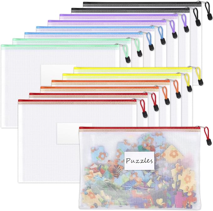 Sooez 14 Pack Mesh Zipper Pouch Bags, A4 Letter Size, Zipper Bags with Label Pocket, Waterproof Zipper Pouches for Classroom Organization, Board Game Storage, Document Bag for Office School Supplies