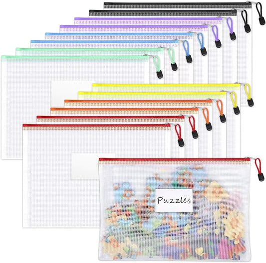 Sooez 14 Pack Mesh Zipper Pouch Bags, A4 Letter Size, Zipper Bags with Label Pocket, Waterproof Zipper Pouches for Classroom Organization, Board Game Storage, Document Bag for Office School Supplies